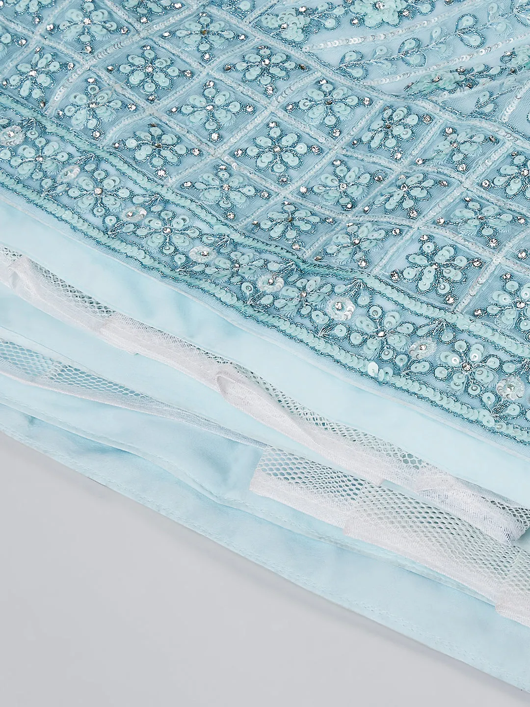 Turquoise blue Net Sequins, Zarkan and thread embroidery Semi-Stitched Lehenga choli & Dupatta