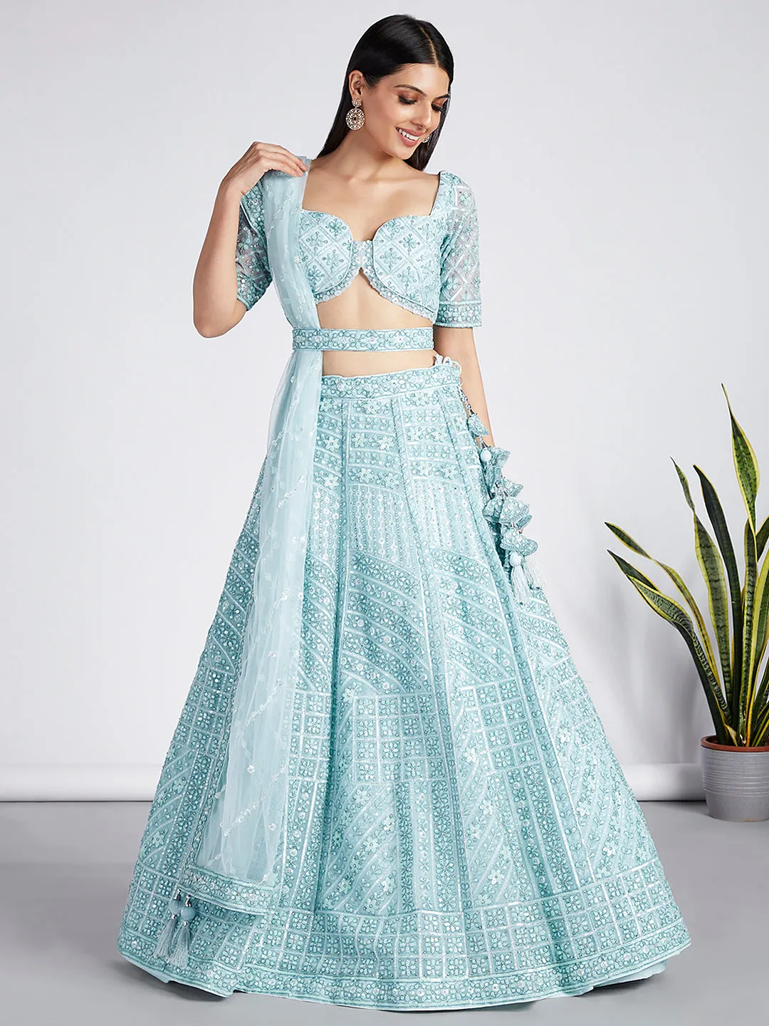 Turquoise blue Net Sequins, Zarkan and thread embroidery Semi-Stitched Lehenga choli & Dupatta