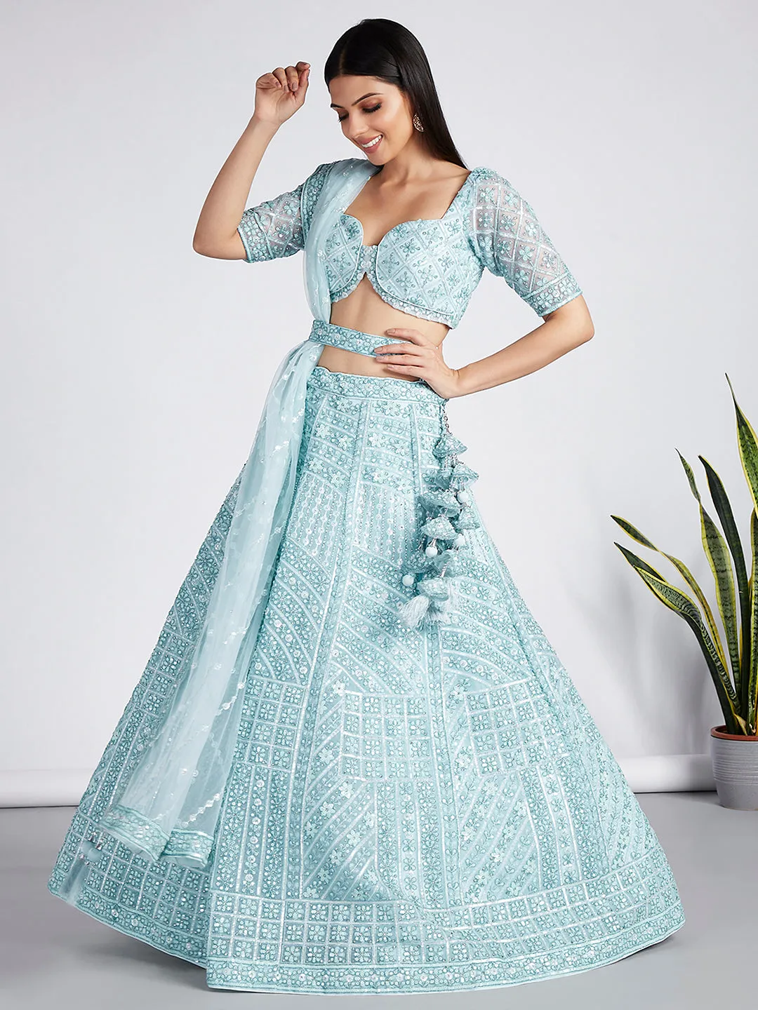 Turquoise blue Net Sequins, Zarkan and thread embroidery Semi-Stitched Lehenga choli & Dupatta
