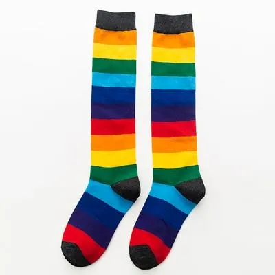 Unisex Cotton Colourful Rainbow Stripe knee Long Vintage Socks