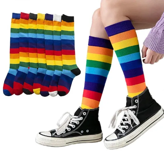 Unisex Cotton Colourful Rainbow Stripe knee Long Vintage Socks