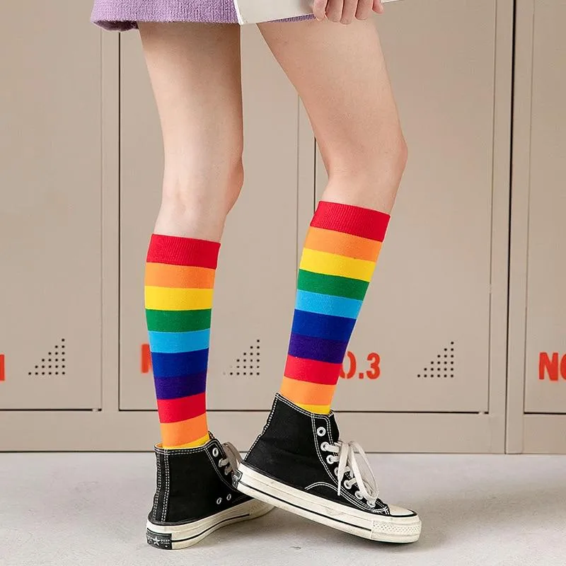 Unisex Cotton Colourful Rainbow Stripe knee Long Vintage Socks