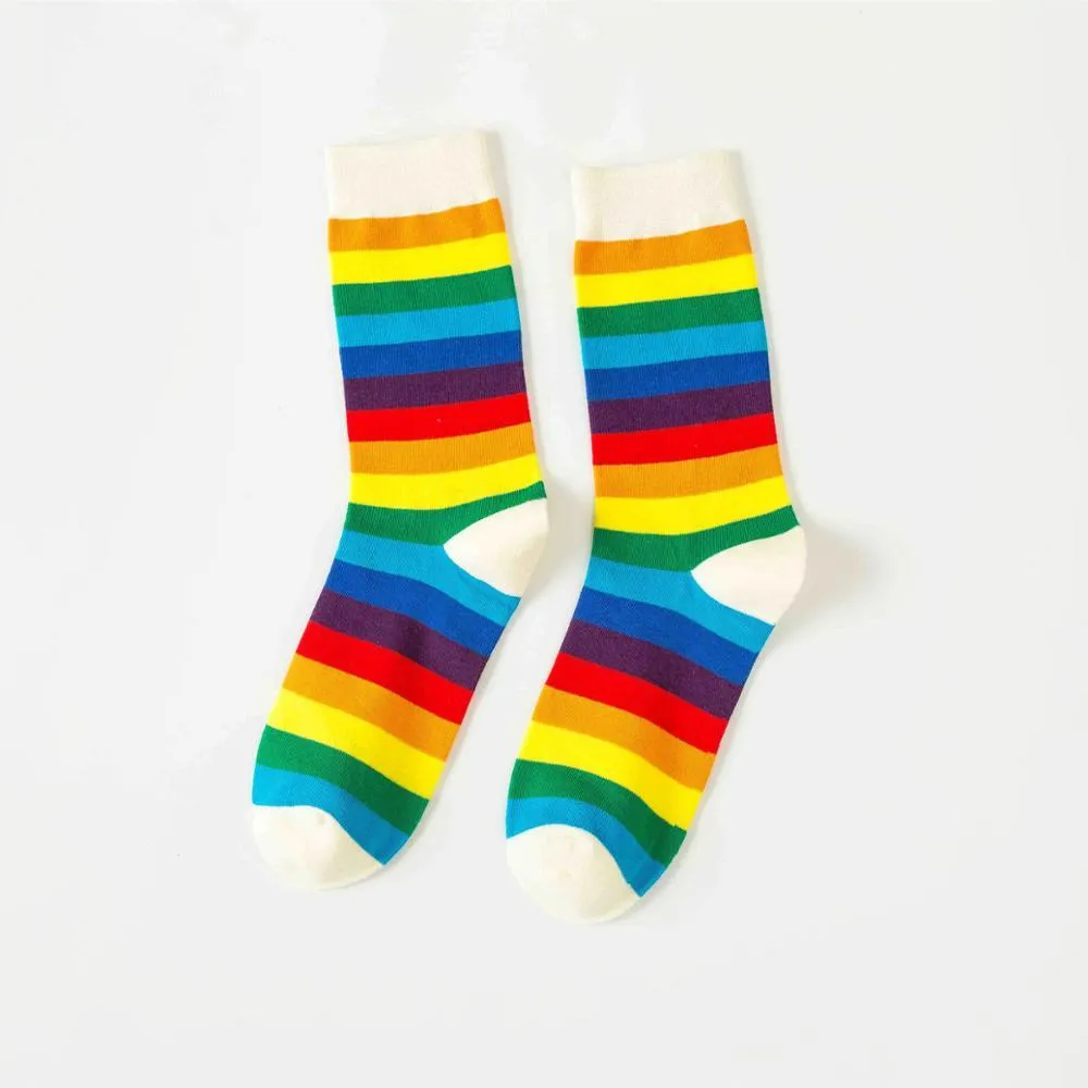Unisex Cotton Colourful Rainbow Stripe knee Long Vintage Socks