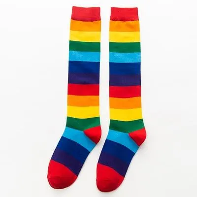 Unisex Cotton Colourful Rainbow Stripe knee Long Vintage Socks