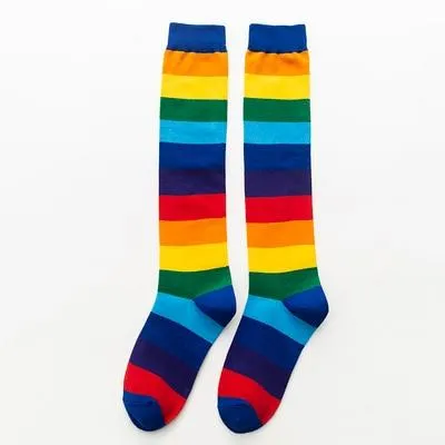 Unisex Cotton Colourful Rainbow Stripe knee Long Vintage Socks