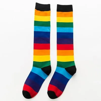 Unisex Cotton Colourful Rainbow Stripe knee Long Vintage Socks
