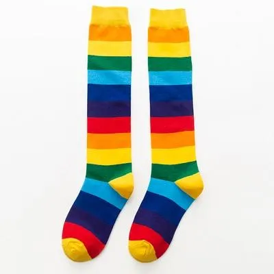 Unisex Cotton Colourful Rainbow Stripe knee Long Vintage Socks