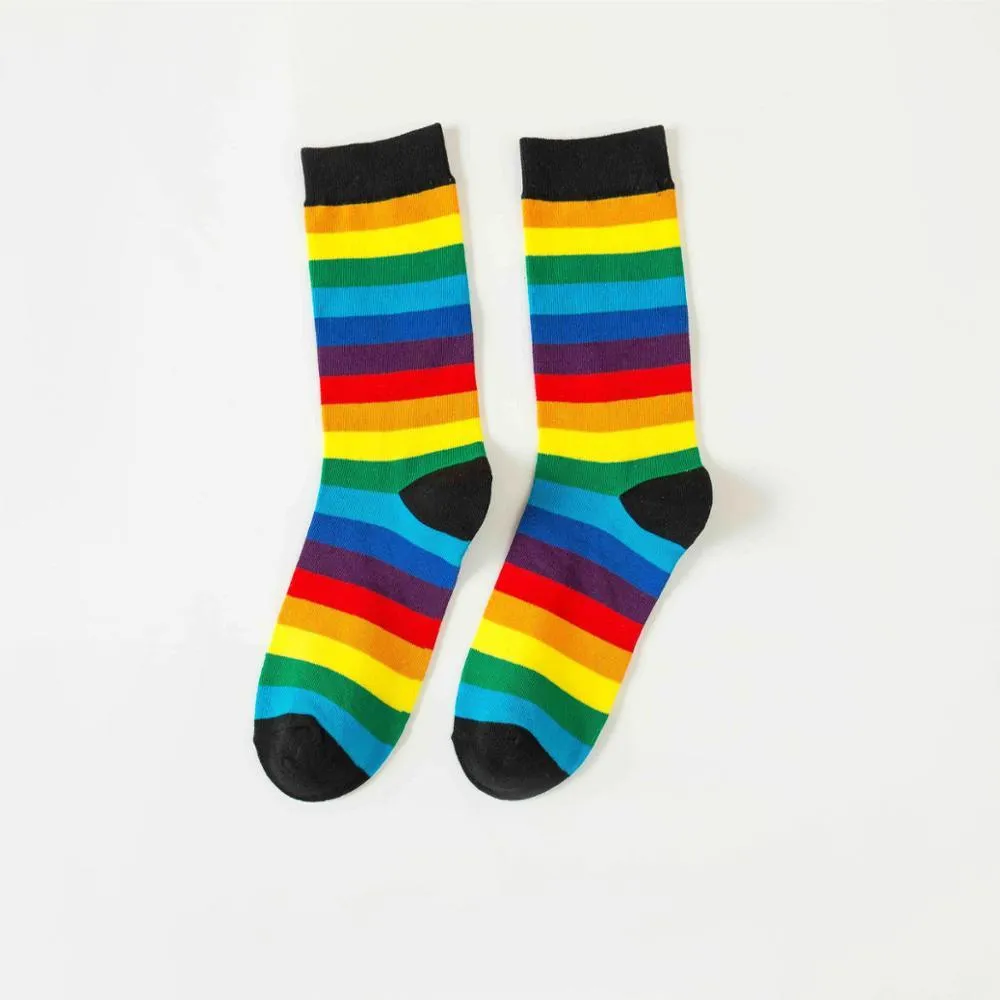 Unisex Cotton Colourful Rainbow Stripe knee Long Vintage Socks