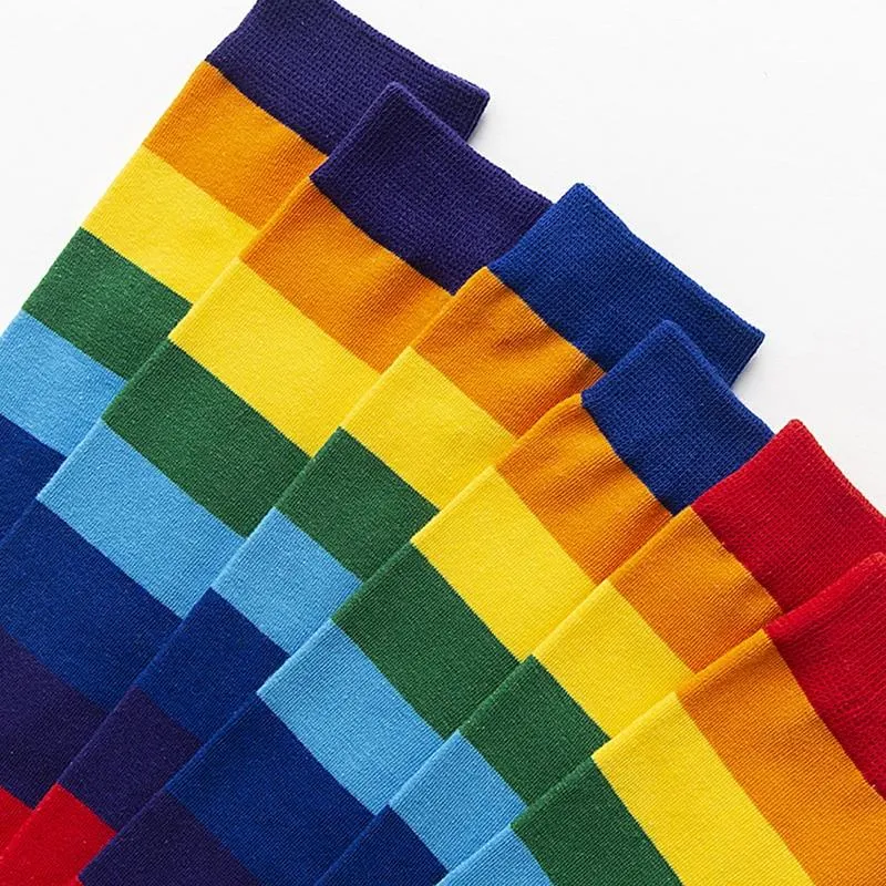 Unisex Cotton Colourful Rainbow Stripe knee Long Vintage Socks