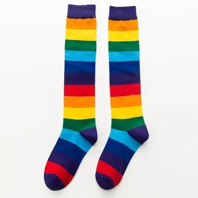 Unisex Cotton Colourful Rainbow Stripe knee Long Vintage Socks