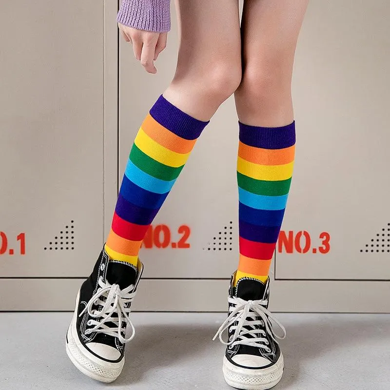 Unisex Cotton Colourful Rainbow Stripe knee Long Vintage Socks