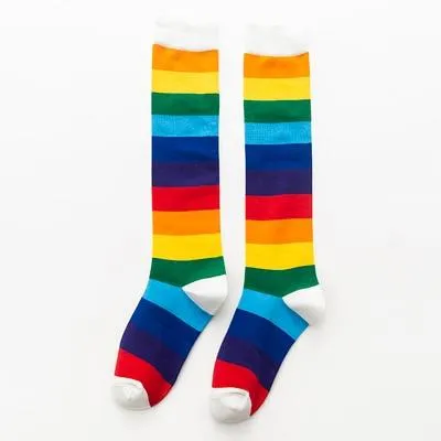 Unisex Cotton Colourful Rainbow Stripe knee Long Vintage Socks