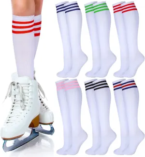 Unittype 6 Pair White Knee High Socks for Women Striped Long Tube Socks Roller Skate Skating Soccer Sports Stockings Gifts for Men Women Birthday Easter Mother's Day Party