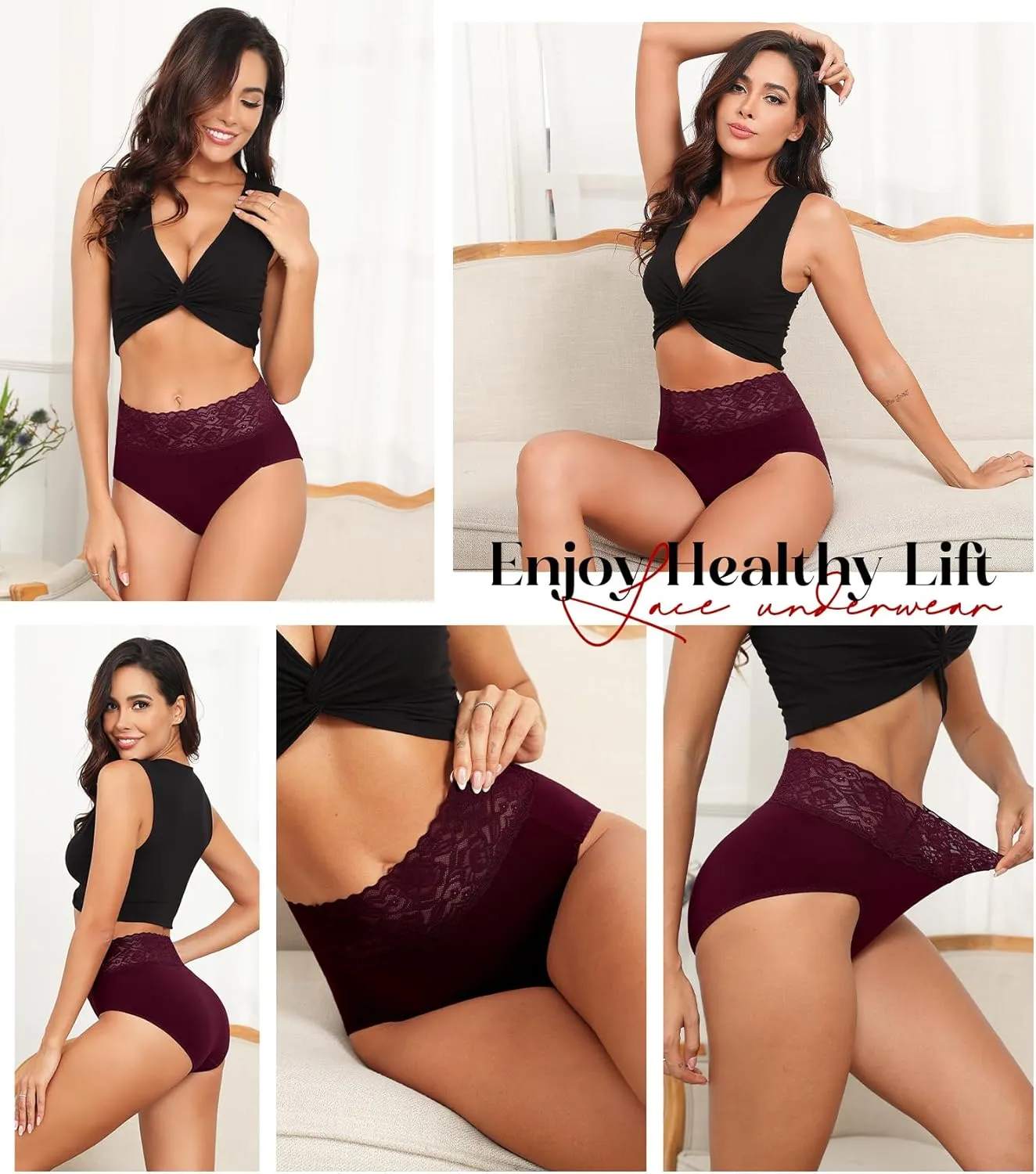 Wealurre Womens Underwear Cotton Bikini Panties for Women High Waisted Lace Hipster Stretch Briefs for Ladies 5 Pack