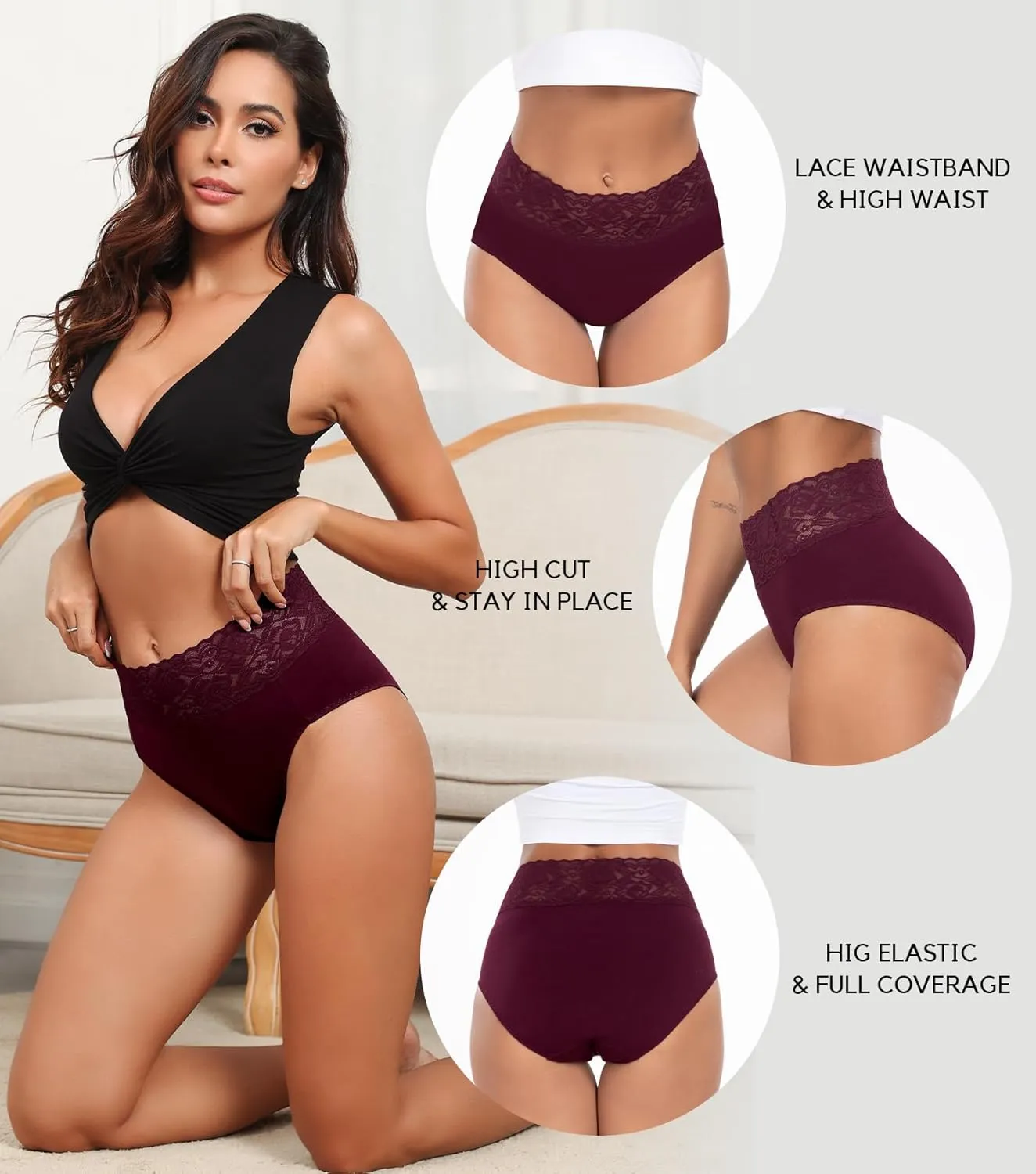 Wealurre Womens Underwear Cotton Bikini Panties for Women High Waisted Lace Hipster Stretch Briefs for Ladies 5 Pack