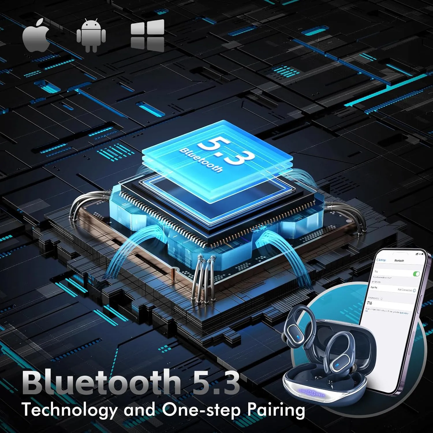 Wireless Earbuds Bluetooth Headphones 80Hrs Playtime Ear Buds IPX7 Waterproof Sports Earphones Wireless Charging Case Over-Ear Earhooks Headest - Blue