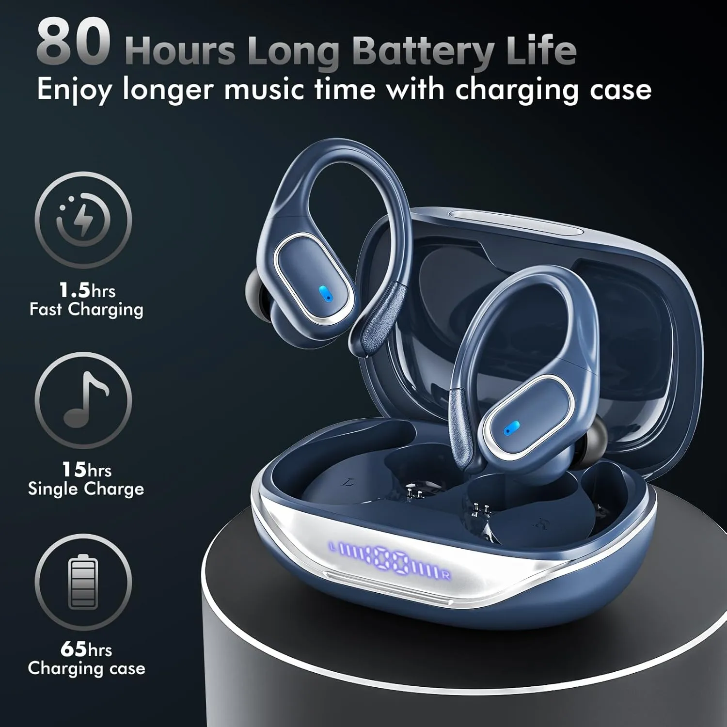 Wireless Earbuds Bluetooth Headphones 80Hrs Playtime Ear Buds IPX7 Waterproof Sports Earphones Wireless Charging Case Over-Ear Earhooks Headest - Blue