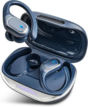Wireless Earbuds Bluetooth Headphones 80Hrs Playtime Ear Buds IPX7 Waterproof Sports Earphones Wireless Charging Case Over-Ear Earhooks Headest - Blue
