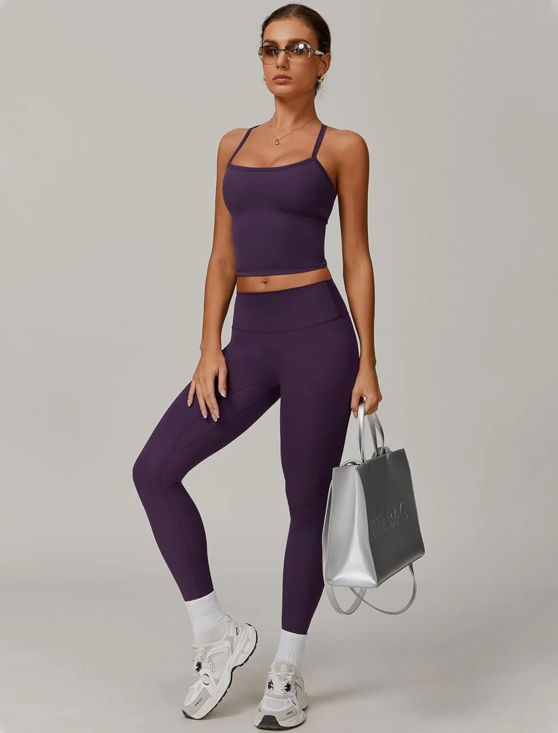 Womens Workout Sets Two Piece Cross Back Tank Top Matching High Waist Leggings Sets Gym Outfits Work Out Clothes