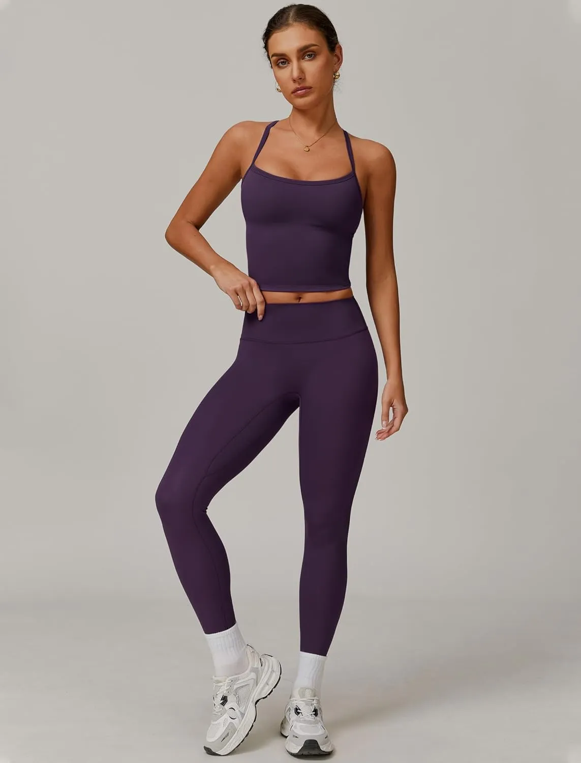 Womens Workout Sets Two Piece Cross Back Tank Top Matching High Waist Leggings Sets Gym Outfits Work Out Clothes