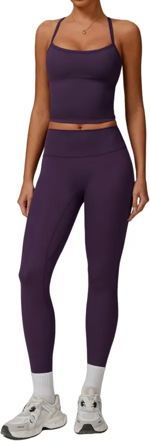 Womens Workout Sets Two Piece Cross Back Tank Top Matching High Waist Leggings Sets Gym Outfits Work Out Clothes