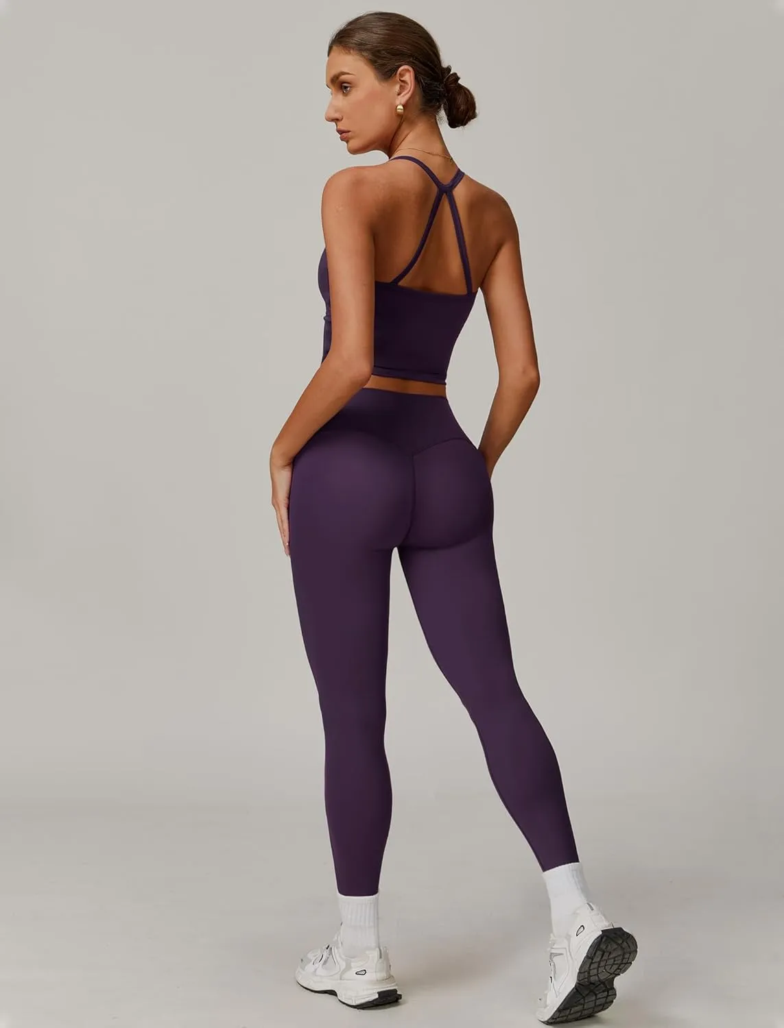 Womens Workout Sets Two Piece Cross Back Tank Top Matching High Waist Leggings Sets Gym Outfits Work Out Clothes